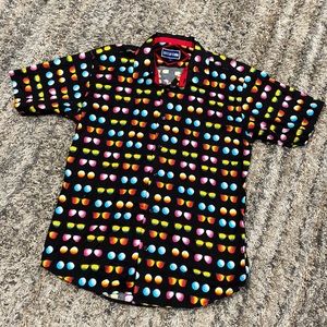 British denim button down fun artsy sunglass printed short sleeve shirt size L